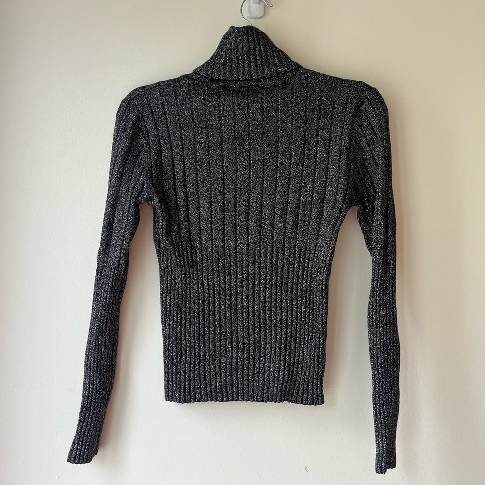 Black Metallic Ribbed Knit Turtleneck Sweater Stretch Shimmer Long Sleeve S/M - Picture 9 of 9